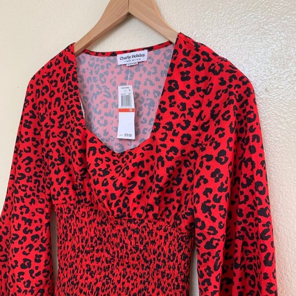 Charlie Holiday Penelope Smocked Leopard-Print Womens Top XS / 2 Red - Picture 5 of 12